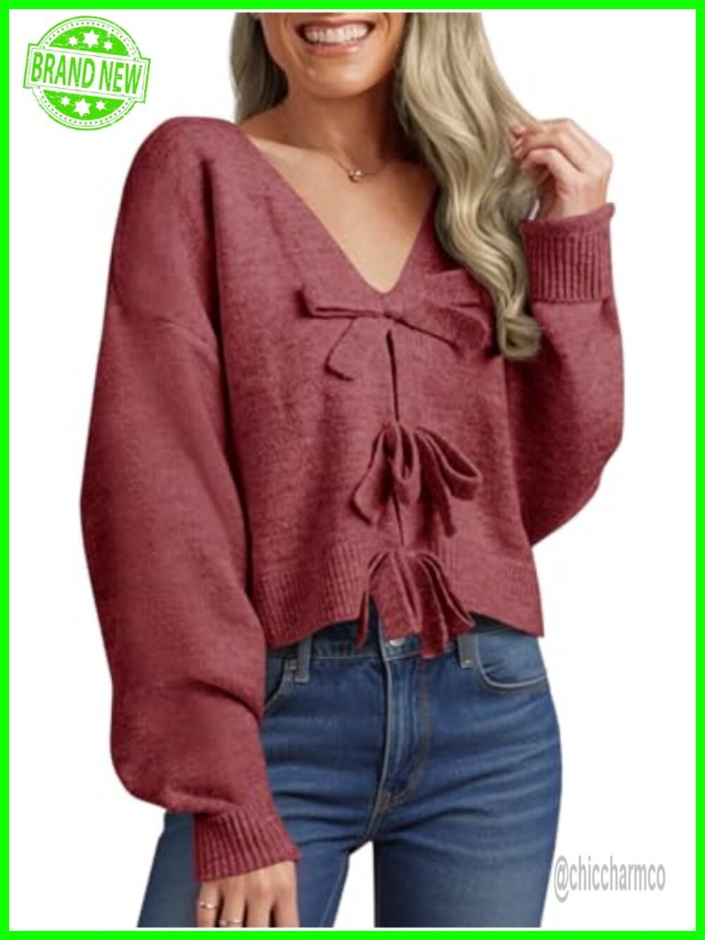 Womens Cropped V Neck Bow Sweater Long Sleeve Pullover Top Knit